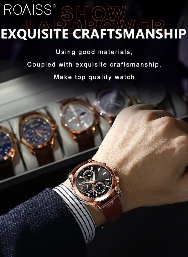 Leather Strap Chronograph Quartz Watch for Men Round Black Dial with Chronograph Subdials Waterproof Luminous Wristwatch as Gift for Men