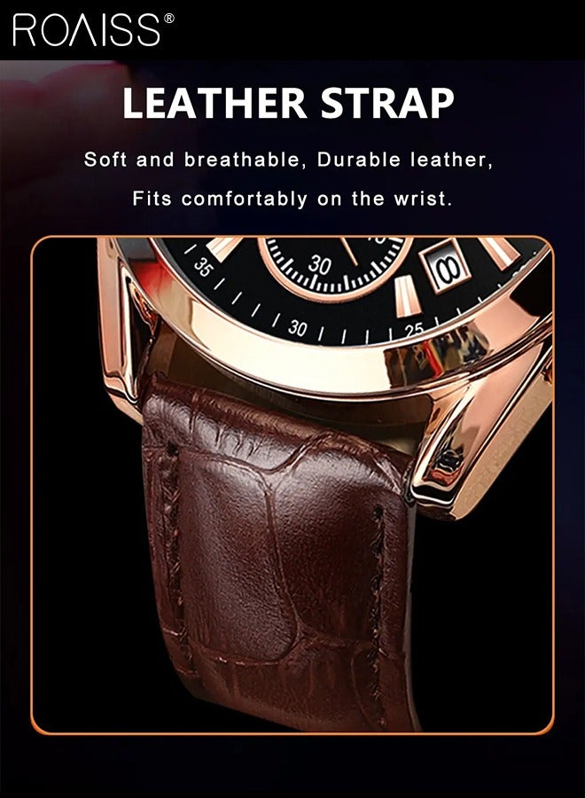 Leather Strap Chronograph Quartz Watch for Men Round Black Dial with Chronograph Subdials Waterproof Luminous Wristwatch as Gift for Men