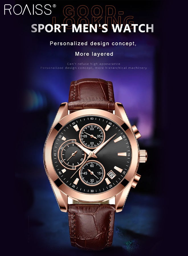 Leather Strap Chronograph Quartz Watch for Men Round Black Dial with Chronograph Subdials Waterproof Luminous Wristwatch as Gift for Men