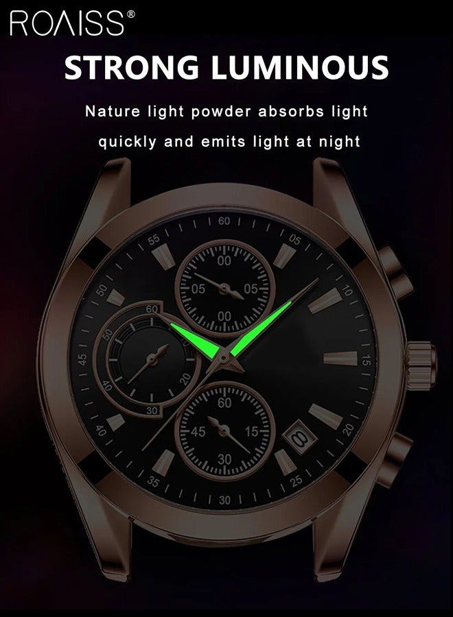 Leather Strap Chronograph Quartz Watch for Men Round Black Dial with Chronograph Subdials Waterproof Luminous Wristwatch as Gift for Men