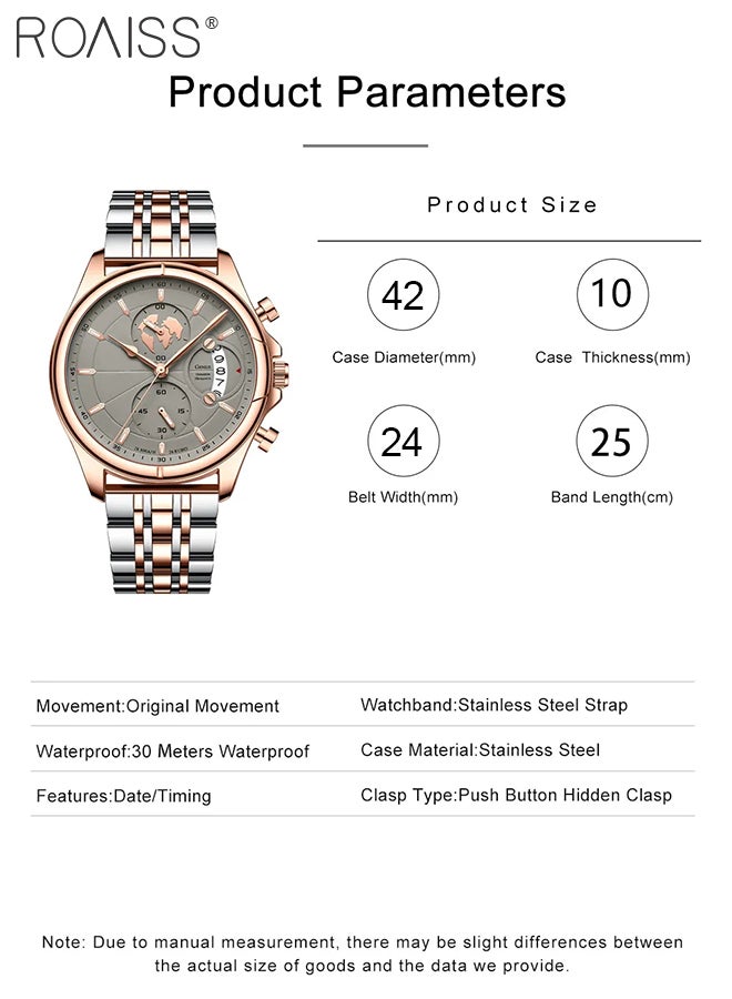 Men's Stainless Steel Strap Chronograph Quartz Watch Round Dial with Chronograph Subdials Waterproof Luminous Wristwatch as Gift for Men
