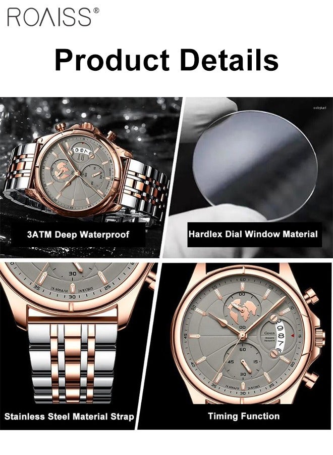 Men's Stainless Steel Strap Chronograph Quartz Watch Round Dial with Chronograph Subdials Waterproof Luminous Wristwatch as Gift for Men