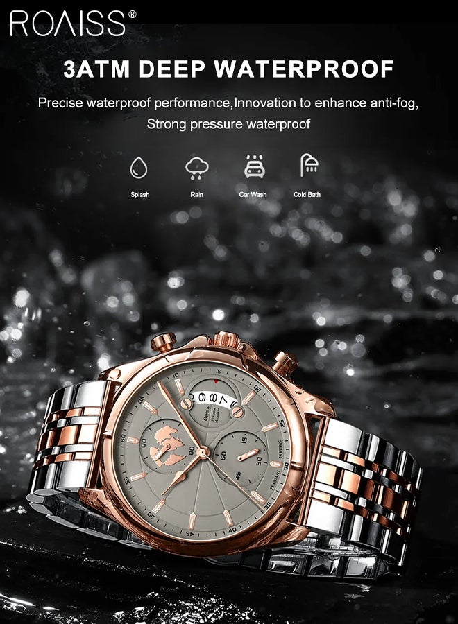 Men's Stainless Steel Strap Chronograph Quartz Watch Round Dial with Chronograph Subdials Waterproof Luminous Wristwatch as Gift for Men