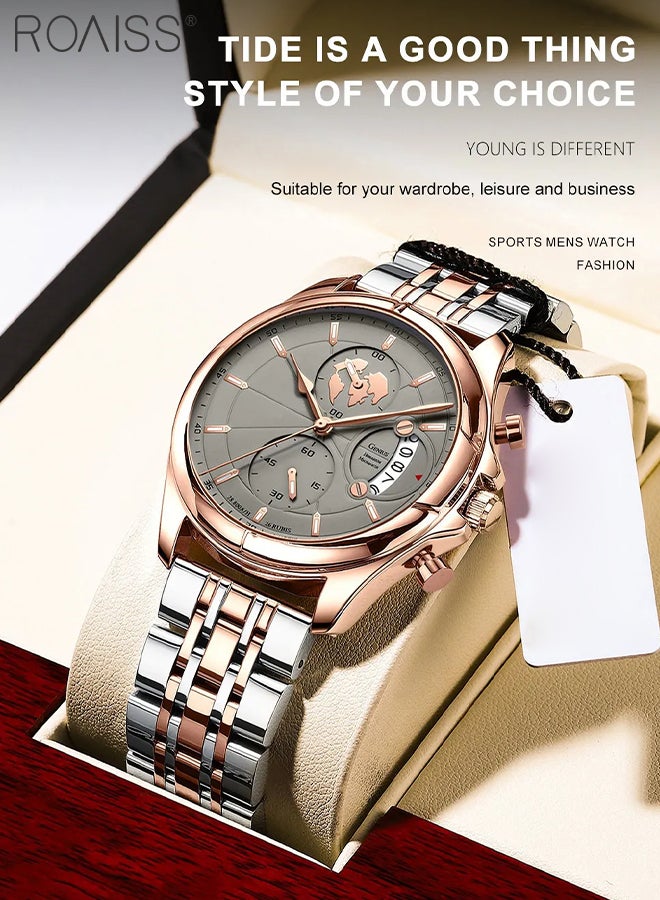 Men's Stainless Steel Strap Chronograph Quartz Watch Round Dial with Chronograph Subdials Waterproof Luminous Wristwatch as Gift for Men