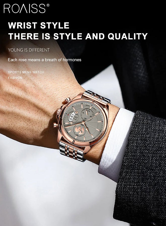 Men's Stainless Steel Strap Chronograph Quartz Watch Round Dial with Chronograph Subdials Waterproof Luminous Wristwatch as Gift for Men