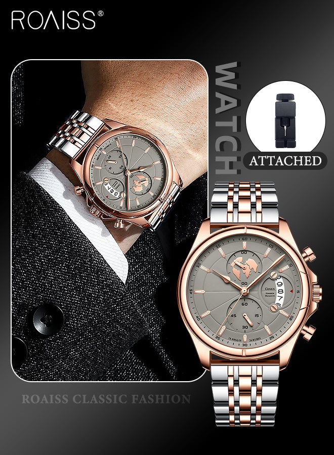 Men's Stainless Steel Strap Chronograph Quartz Watch Round Dial with Chronograph Subdials Waterproof Luminous Wristwatch as Gift for Men