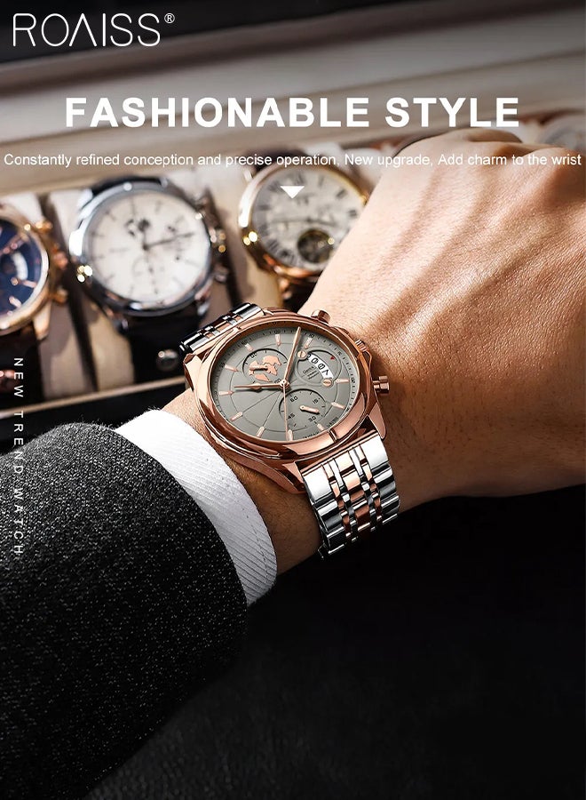 Men's Stainless Steel Strap Chronograph Quartz Watch Round Dial with Chronograph Subdials Waterproof Luminous Wristwatch as Gift for Men