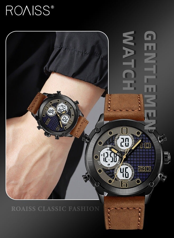 Men's Analog Digital Dual Display Sports Watch Multifunctional Waterproof Luminous Leather Strap Electronic Quartz Wristwatch with Alarm Stopwatch Backlight 12H/24H for Outdoor Activities