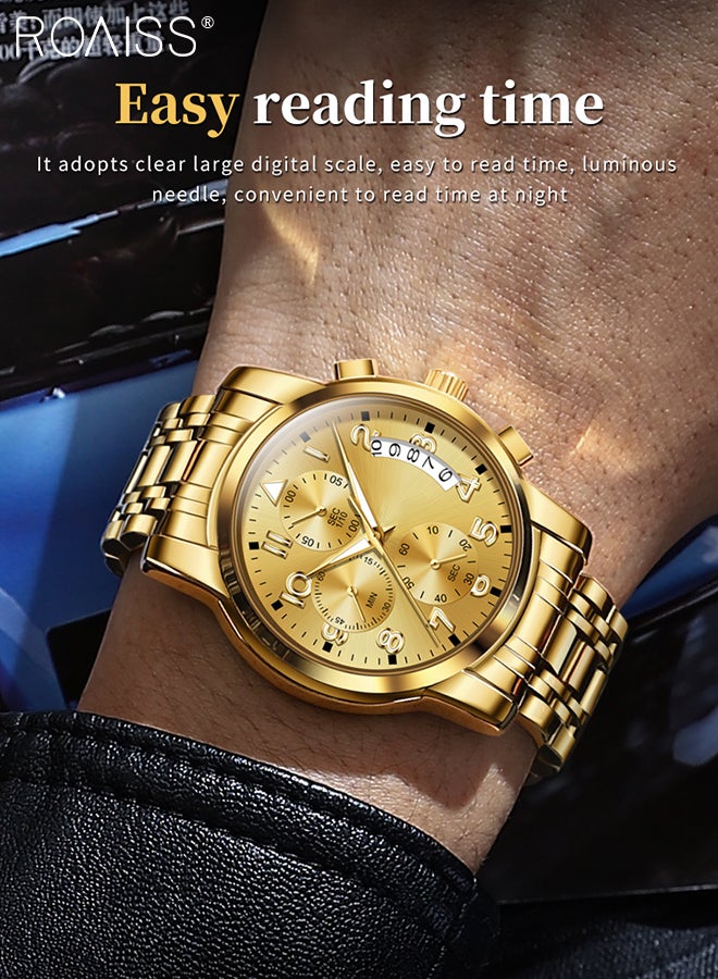 Men's Stainless Steel Strap Chronograph Quartz Watch Round Gold Dial with Chronograph Subdials Waterproof Luminous Wristwatch as Gift for Men