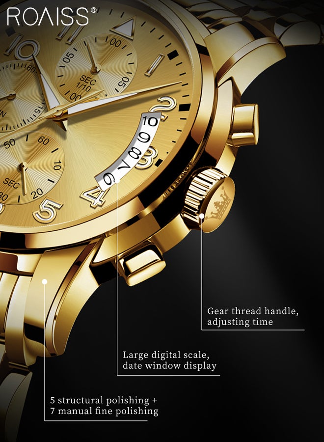 Men's Stainless Steel Strap Chronograph Quartz Watch Round Gold Dial with Chronograph Subdials Waterproof Luminous Wristwatch as Gift for Men