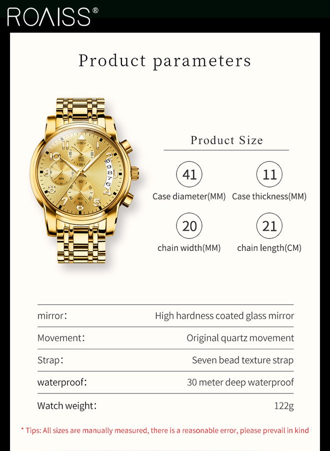 Men's Stainless Steel Strap Chronograph Quartz Watch Round Gold Dial with Chronograph Subdials Waterproof Luminous Wristwatch as Gift for Men