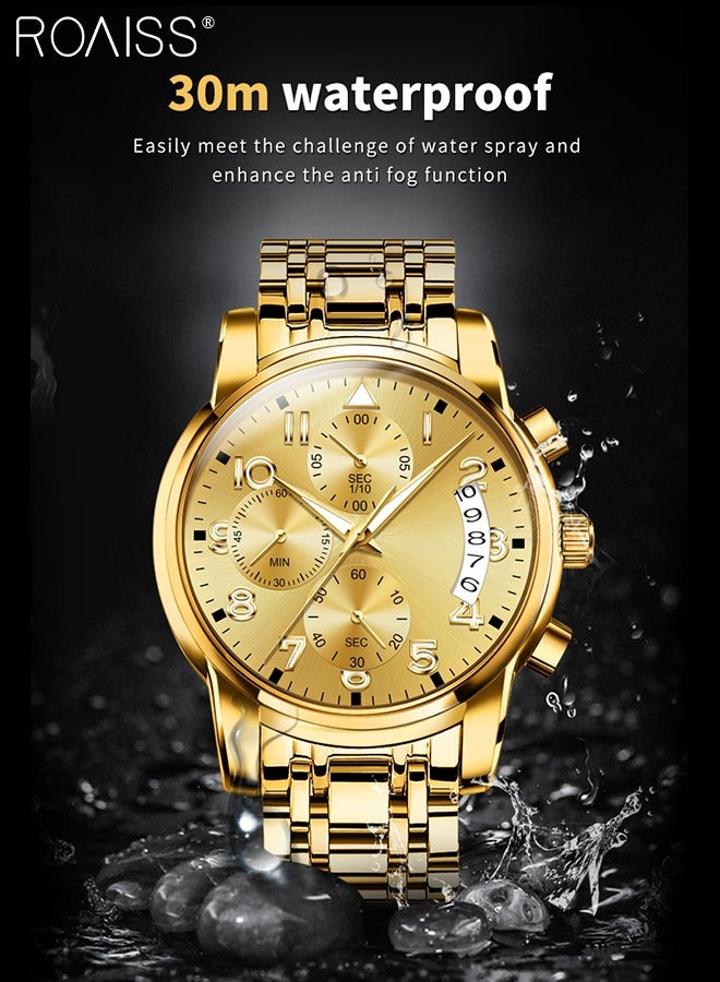 Men's Stainless Steel Strap Chronograph Quartz Watch Round Gold Dial with Chronograph Subdials Waterproof Luminous Wristwatch as Gift for Men