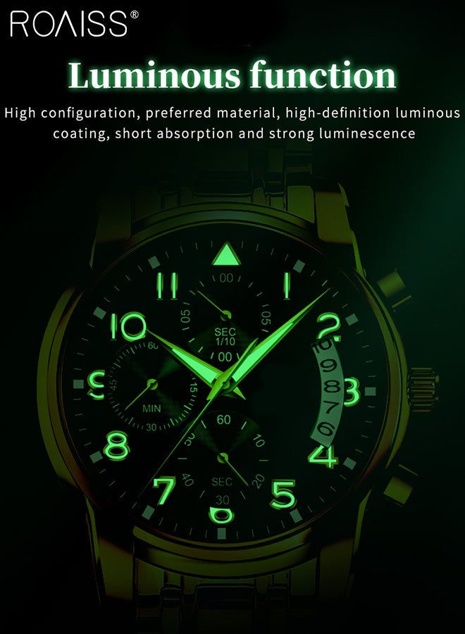 Men's Stainless Steel Strap Chronograph Quartz Watch Round Gold Dial with Chronograph Subdials Waterproof Luminous Wristwatch as Gift for Men