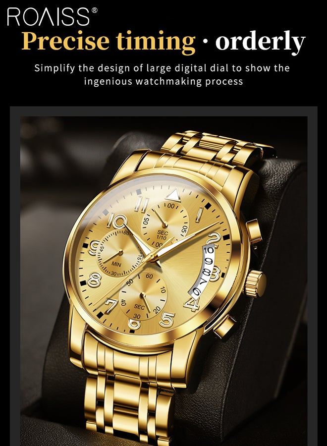 Men's Stainless Steel Strap Chronograph Quartz Watch Round Gold Dial with Chronograph Subdials Waterproof Luminous Wristwatch as Gift for Men