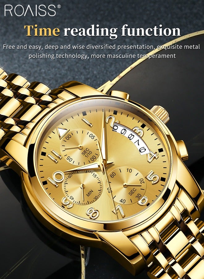 Men's Stainless Steel Strap Chronograph Quartz Watch Round Gold Dial with Chronograph Subdials Waterproof Luminous Wristwatch as Gift for Men
