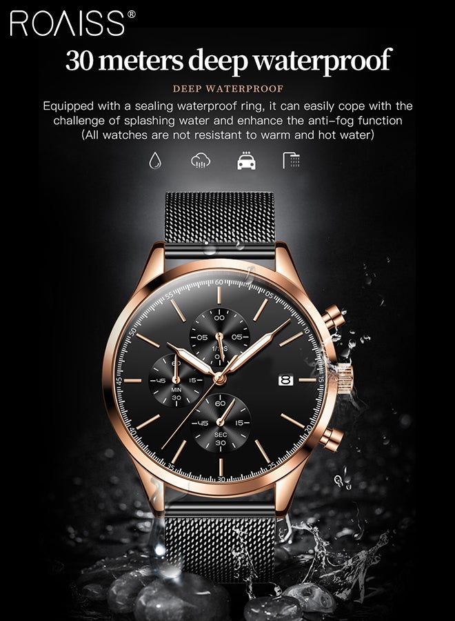 Stainless Steel Strap Chronograph Quartz Watches for Men Round Black Dial with Chronograph Subdials Waterproof Luminous Wristwatch as Gift for Male