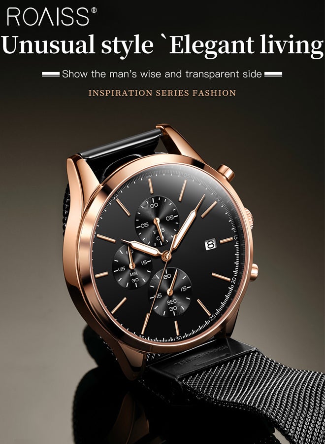 Stainless Steel Strap Chronograph Quartz Watches for Men Round Black Dial with Chronograph Subdials Waterproof Luminous Wristwatch as Gift for Male
