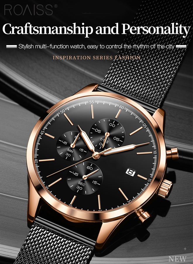 Stainless Steel Strap Chronograph Quartz Watches for Men Round Black Dial with Chronograph Subdials Waterproof Luminous Wristwatch as Gift for Male