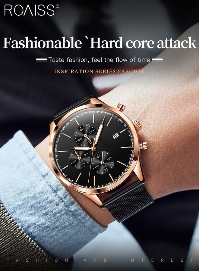 Stainless Steel Strap Chronograph Quartz Watches for Men Round Black Dial with Chronograph Subdials Waterproof Luminous Wristwatch as Gift for Male