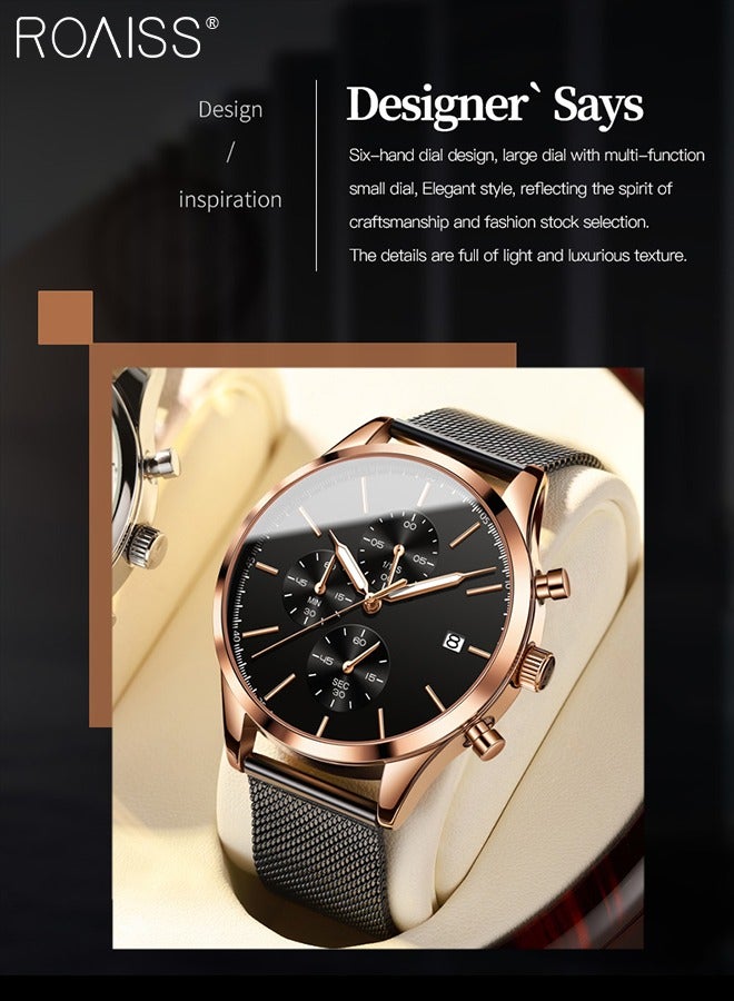 Stainless Steel Strap Chronograph Quartz Watches for Men Round Black Dial with Chronograph Subdials Waterproof Luminous Wristwatch as Gift for Male