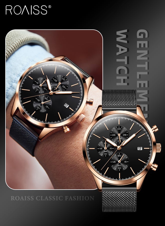 Stainless Steel Strap Chronograph Quartz Watches for Men Round Black Dial with Chronograph Subdials Waterproof Luminous Wristwatch as Gift for Male