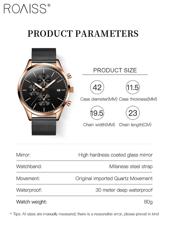 Stainless Steel Strap Chronograph Quartz Watches for Men Round Black Dial with Chronograph Subdials Waterproof Luminous Wristwatch as Gift for Male