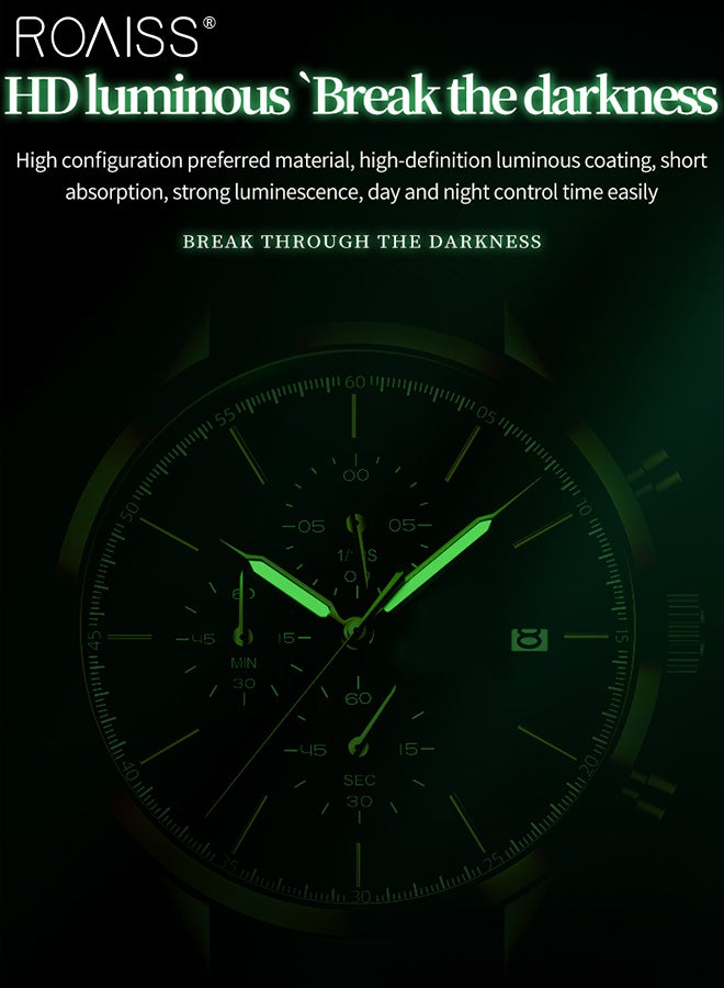 Stainless Steel Strap Chronograph Quartz Watches for Men Round Black Dial with Chronograph Subdials Waterproof Luminous Wristwatch as Gift for Male