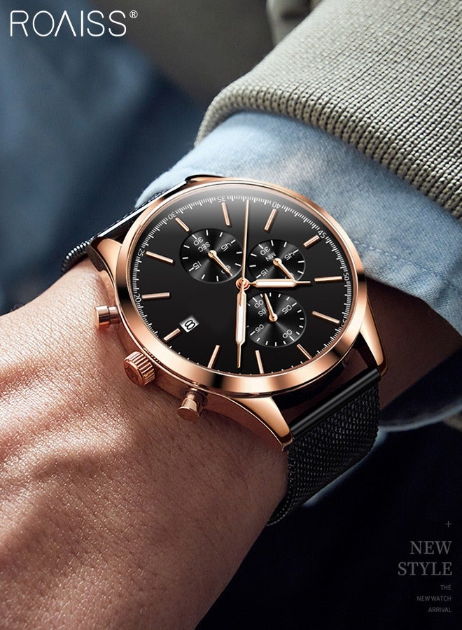 Stainless Steel Strap Chronograph Quartz Watches for Men Round Black Dial with Chronograph Subdials Waterproof Luminous Wristwatch as Gift for Male