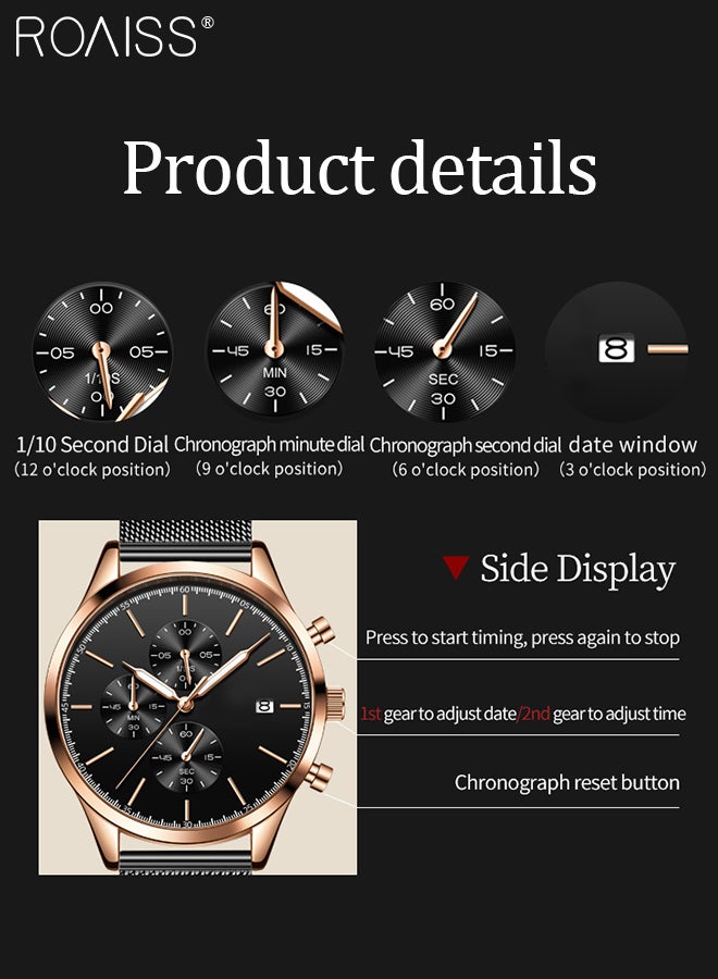 Stainless Steel Strap Chronograph Quartz Watches for Men Round Black Dial with Chronograph Subdials Waterproof Luminous Wristwatch as Gift for Male