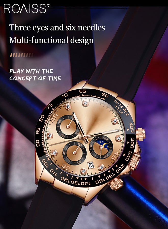 Silicone Strap Chronograph Quartz Watches for Men Round Rose Gold Dial with Moon Phase and Calendar Display Waterproof Luminous Wristwatch as Gift for Men