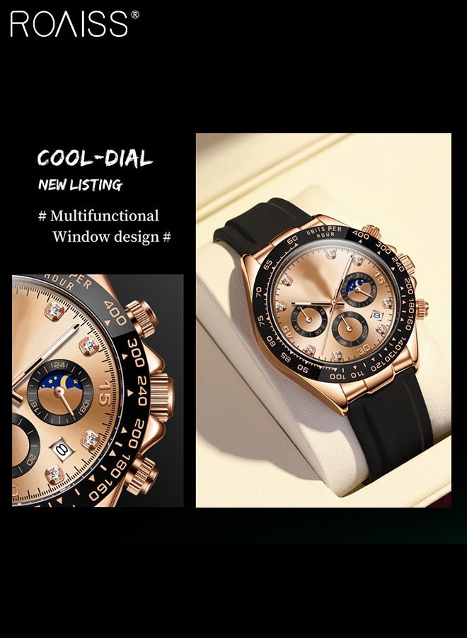 Silicone Strap Chronograph Quartz Watches for Men Round Rose Gold Dial with Moon Phase and Calendar Display Waterproof Luminous Wristwatch as Gift for Men