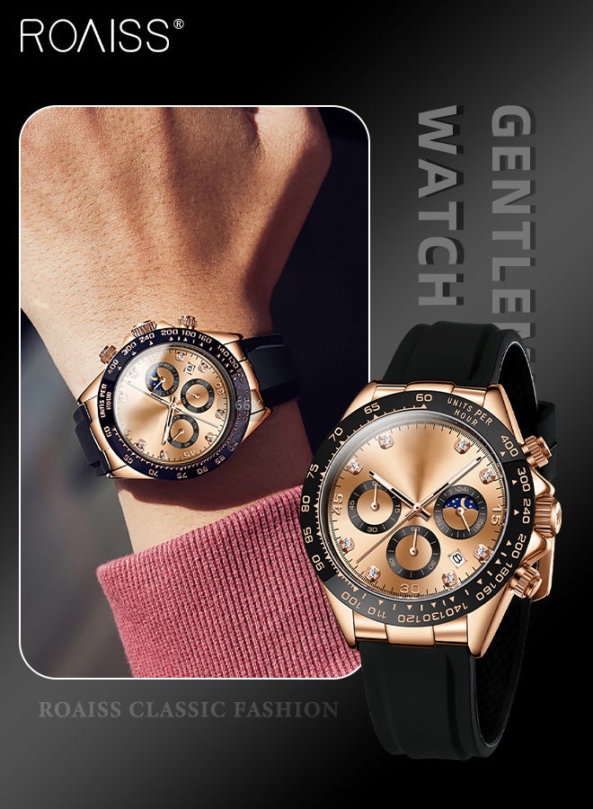 Silicone Strap Chronograph Quartz Watches for Men Round Rose Gold Dial with Moon Phase and Calendar Display Waterproof Luminous Wristwatch as Gift for Men