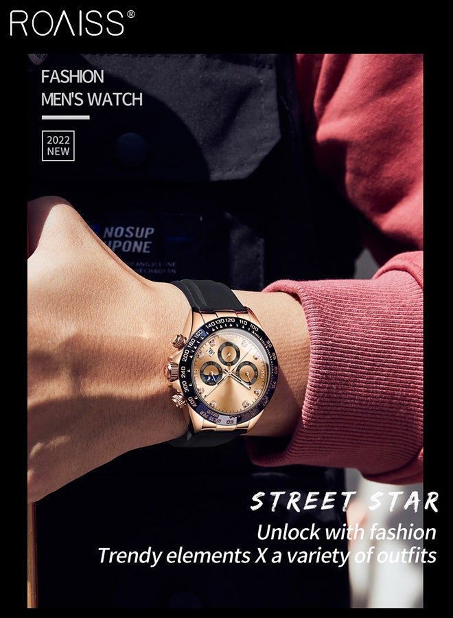 Silicone Strap Chronograph Quartz Watches for Men Round Rose Gold Dial with Moon Phase and Calendar Display Waterproof Luminous Wristwatch as Gift for Men