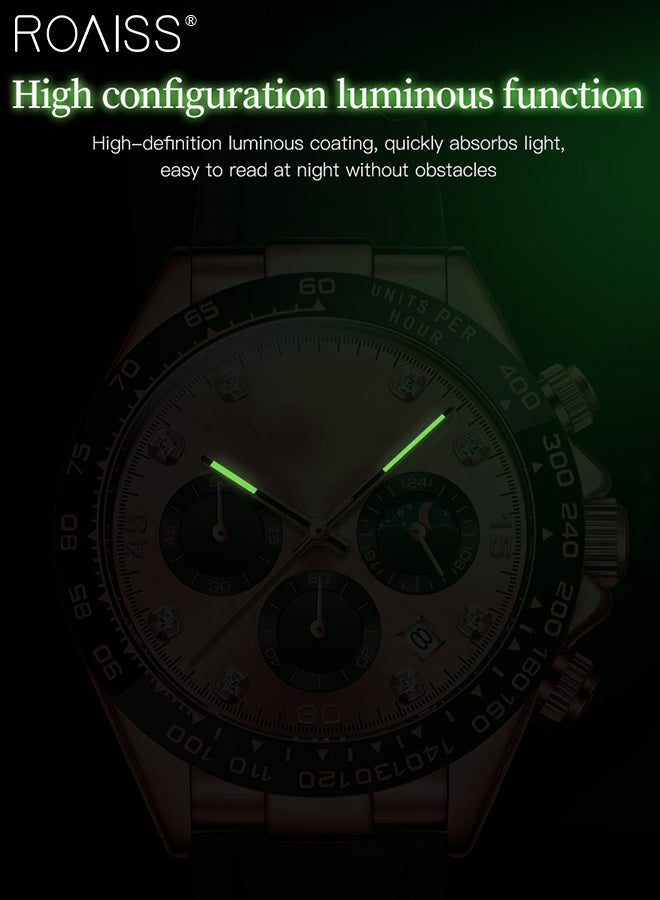 Silicone Strap Chronograph Quartz Watches for Men Round Rose Gold Dial with Moon Phase and Calendar Display Waterproof Luminous Wristwatch as Gift for Men