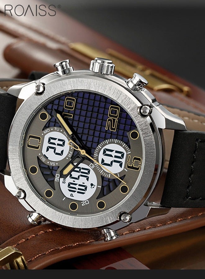 Analog Digital Dual Display Sports Watch for Men Multifunctional Waterproof Luminous Leather Strap Electronic Quartz Wristwatch with Alarm Stopwatch Backlight 12H/24H for Outdoor Activities