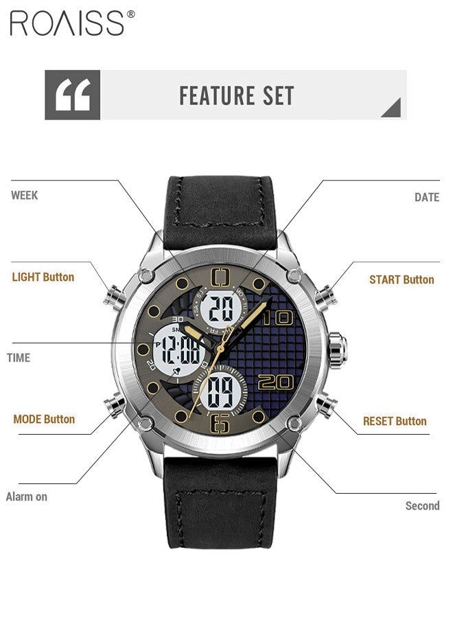 Analog Digital Dual Display Sports Watch for Men Multifunctional Waterproof Luminous Leather Strap Electronic Quartz Wristwatch with Alarm Stopwatch Backlight 12H/24H for Outdoor Activities