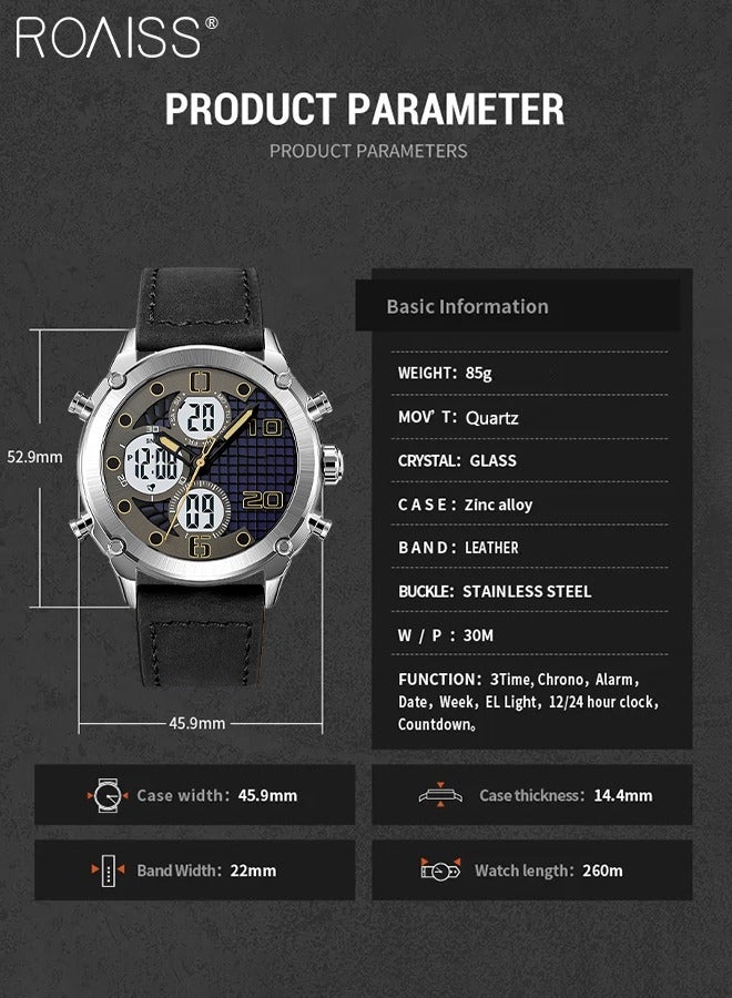 Analog Digital Dual Display Sports Watch for Men Multifunctional Waterproof Luminous Leather Strap Electronic Quartz Wristwatch with Alarm Stopwatch Backlight 12H/24H for Outdoor Activities