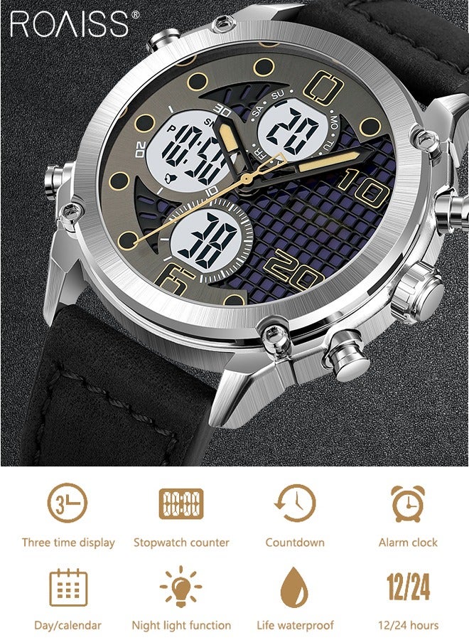 Analog Digital Dual Display Sports Watch for Men Multifunctional Waterproof Luminous Leather Strap Electronic Quartz Wristwatch with Alarm Stopwatch Backlight 12H/24H for Outdoor Activities