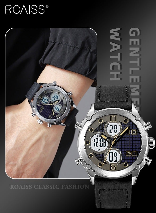 Analog Digital Dual Display Sports Watch for Men Multifunctional Waterproof Luminous Leather Strap Electronic Quartz Wristwatch with Alarm Stopwatch Backlight 12H/24H for Outdoor Activities