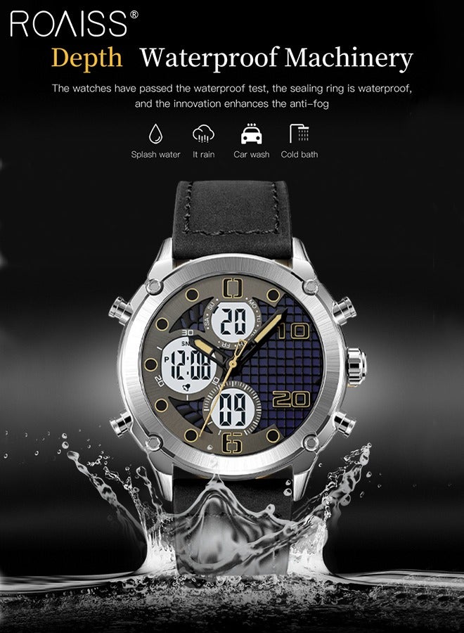Analog Digital Dual Display Sports Watch for Men Multifunctional Waterproof Luminous Leather Strap Electronic Quartz Wristwatch with Alarm Stopwatch Backlight 12H/24H for Outdoor Activities