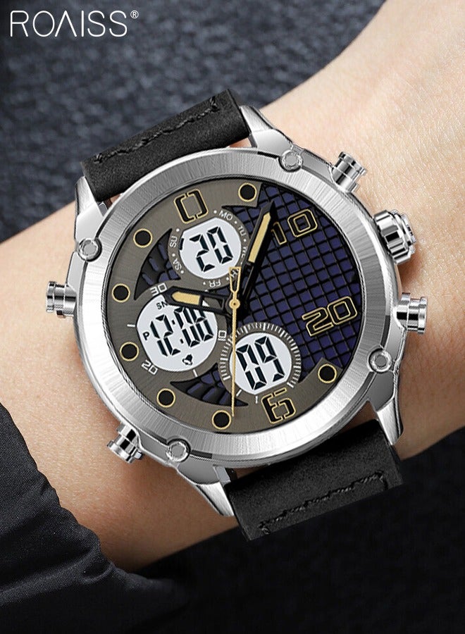 Analog Digital Dual Display Sports Watch for Men Multifunctional Waterproof Luminous Leather Strap Electronic Quartz Wristwatch with Alarm Stopwatch Backlight 12H/24H for Outdoor Activities