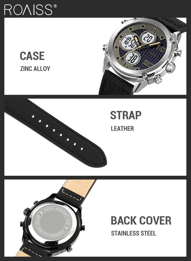 Analog Digital Dual Display Sports Watch for Men Multifunctional Waterproof Luminous Leather Strap Electronic Quartz Wristwatch with Alarm Stopwatch Backlight 12H/24H for Outdoor Activities