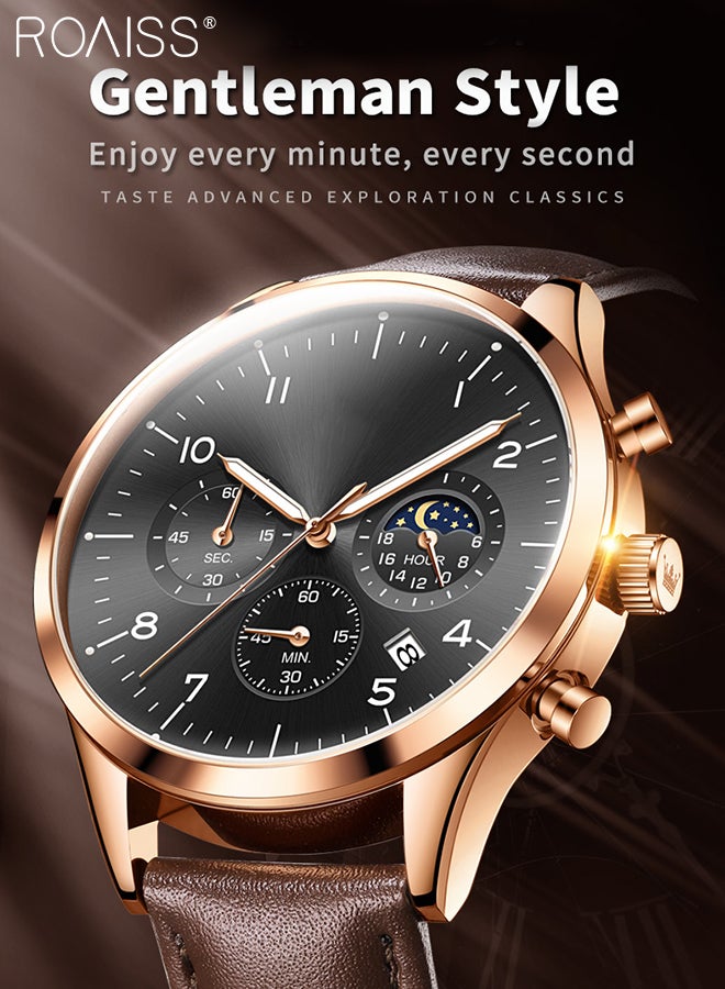 Leather Strap Chronograph Quartz Watch for Men Round Black Dial with Moon Phase and Calendar Display Waterproof Luminous Wristwatch as Gift for Men