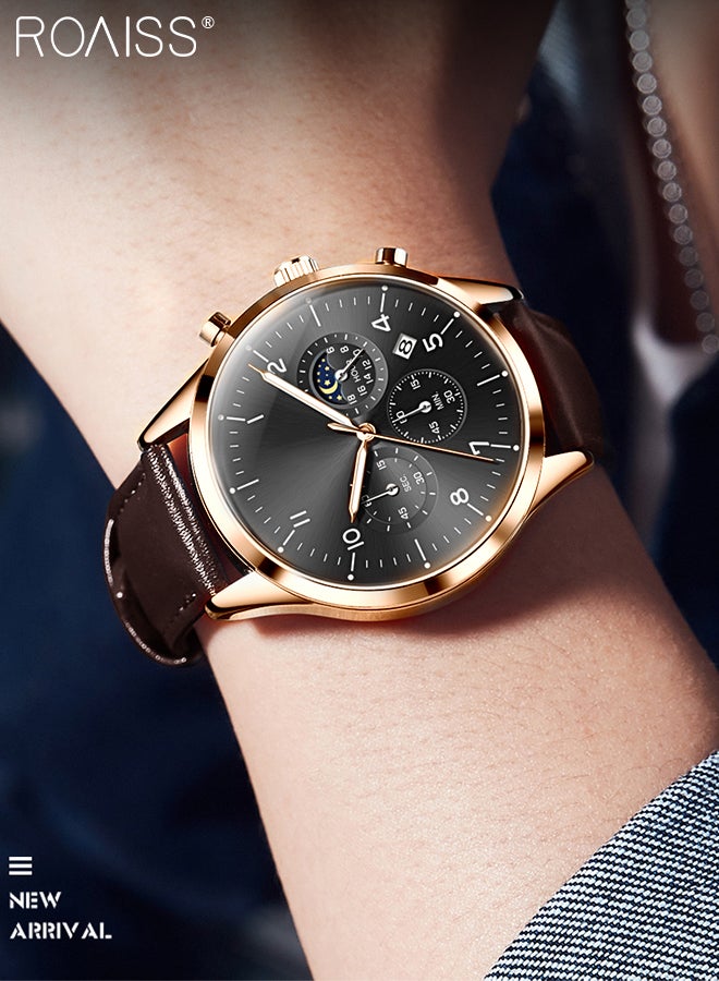 Leather Strap Chronograph Quartz Watch for Men Round Black Dial with Moon Phase and Calendar Display Waterproof Luminous Wristwatch as Gift for Men
