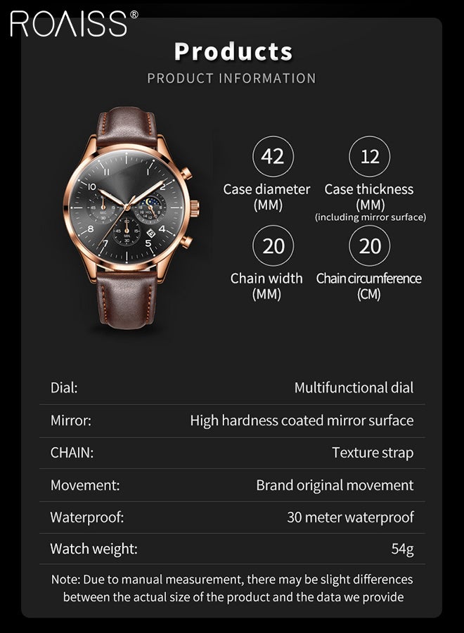Leather Strap Chronograph Quartz Watch for Men Round Black Dial with Moon Phase and Calendar Display Waterproof Luminous Wristwatch as Gift for Men