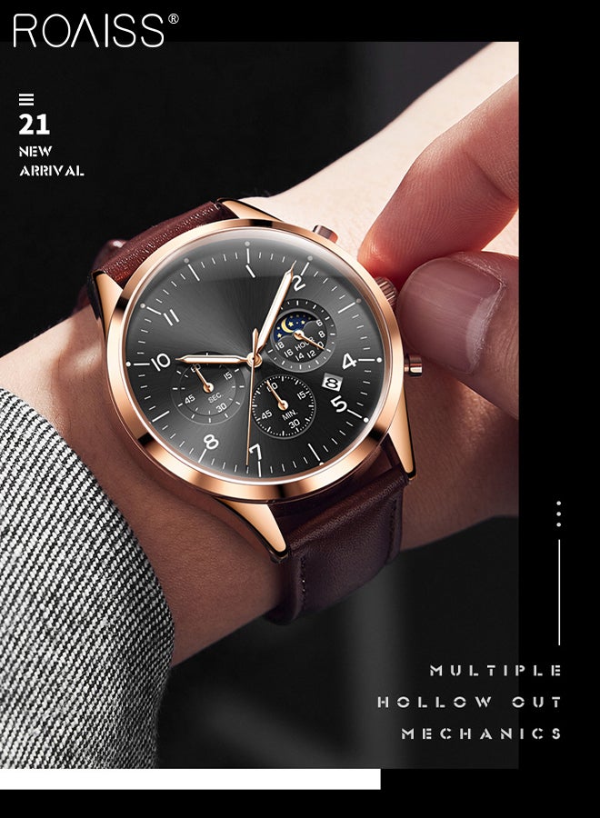 Leather Strap Chronograph Quartz Watch for Men Round Black Dial with Moon Phase and Calendar Display Waterproof Luminous Wristwatch as Gift for Men