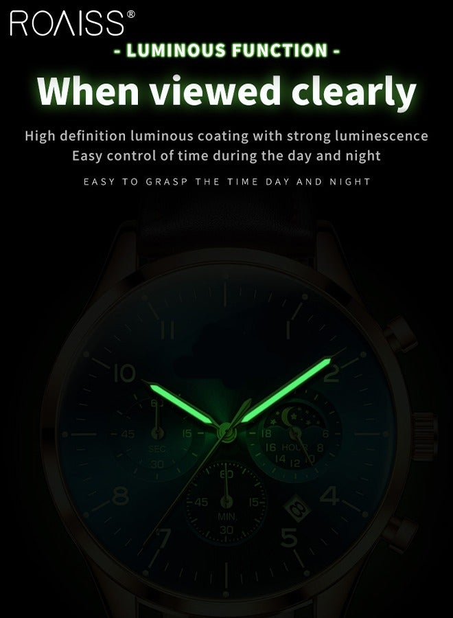 Leather Strap Chronograph Quartz Watch for Men Round Black Dial with Moon Phase and Calendar Display Waterproof Luminous Wristwatch as Gift for Men