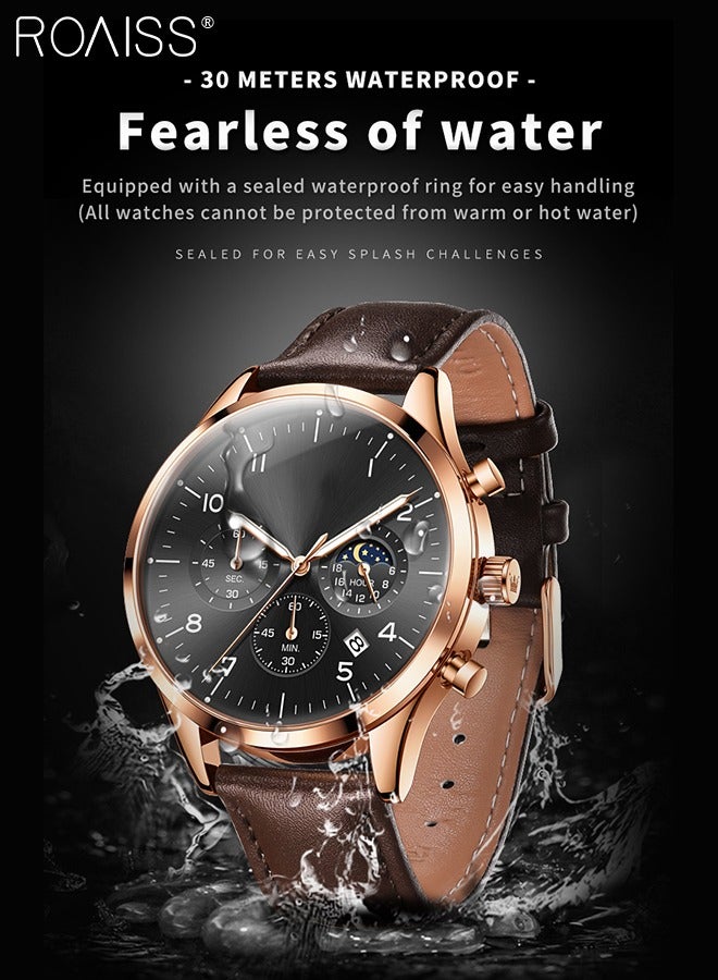 Leather Strap Chronograph Quartz Watch for Men Round Black Dial with Moon Phase and Calendar Display Waterproof Luminous Wristwatch as Gift for Men