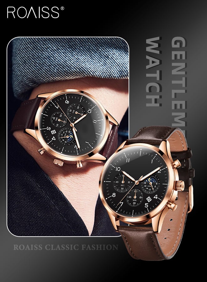 Leather Strap Chronograph Quartz Watch for Men Round Black Dial with Moon Phase and Calendar Display Waterproof Luminous Wristwatch as Gift for Men