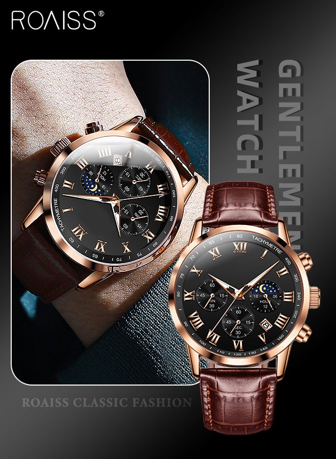 Leather Strap Chronograph Quartz Watch for Men Round Black Dial with Moon Phase and Calendar Display Waterproof Luminous Wristwatch as Gift for Men